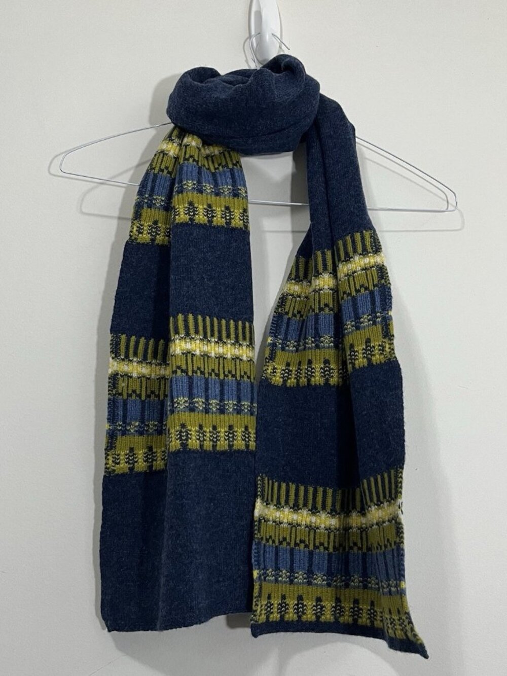 White Stuff Thick Warm Soft 80% Wool Blend Fairisle Scarf Blue 74"×11" Preppy